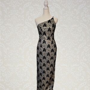 Roberta Bridal One-Shoulder Black & Cream Lace Gown
